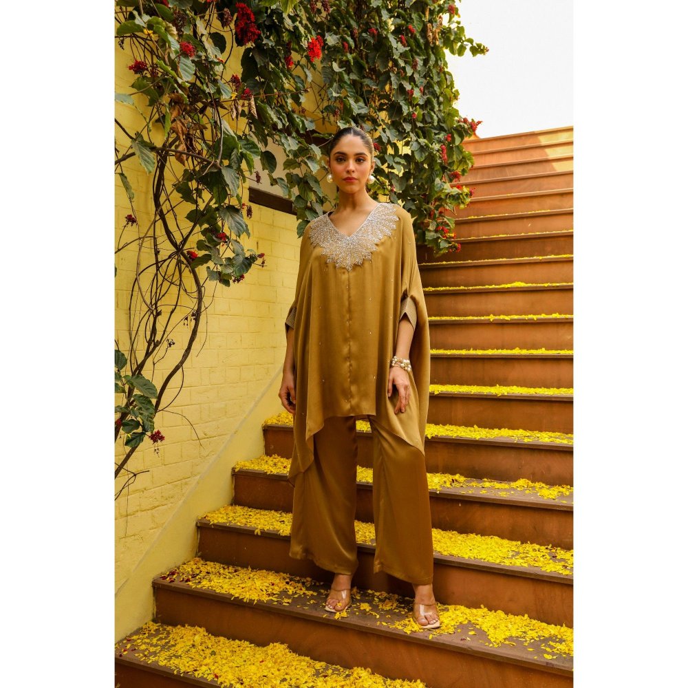 Ajiesh Oberoi Brown Gauri Kaftan with Palazzo (Set of 2)