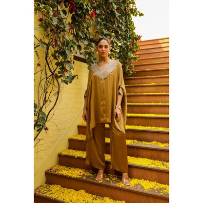 Ajiesh Oberoi Brown Gauri Kaftan with Palazzo (Set of 2)