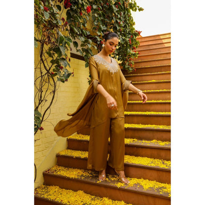 Ajiesh Oberoi Brown Gauri Kaftan with Palazzo (Set of 2)