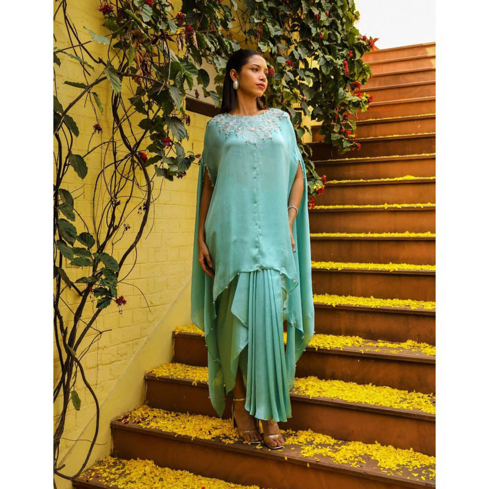 Ajiesh Oberoi Blue Rhythm Cape Sleeve Tunic with Skirt (Set of 2)