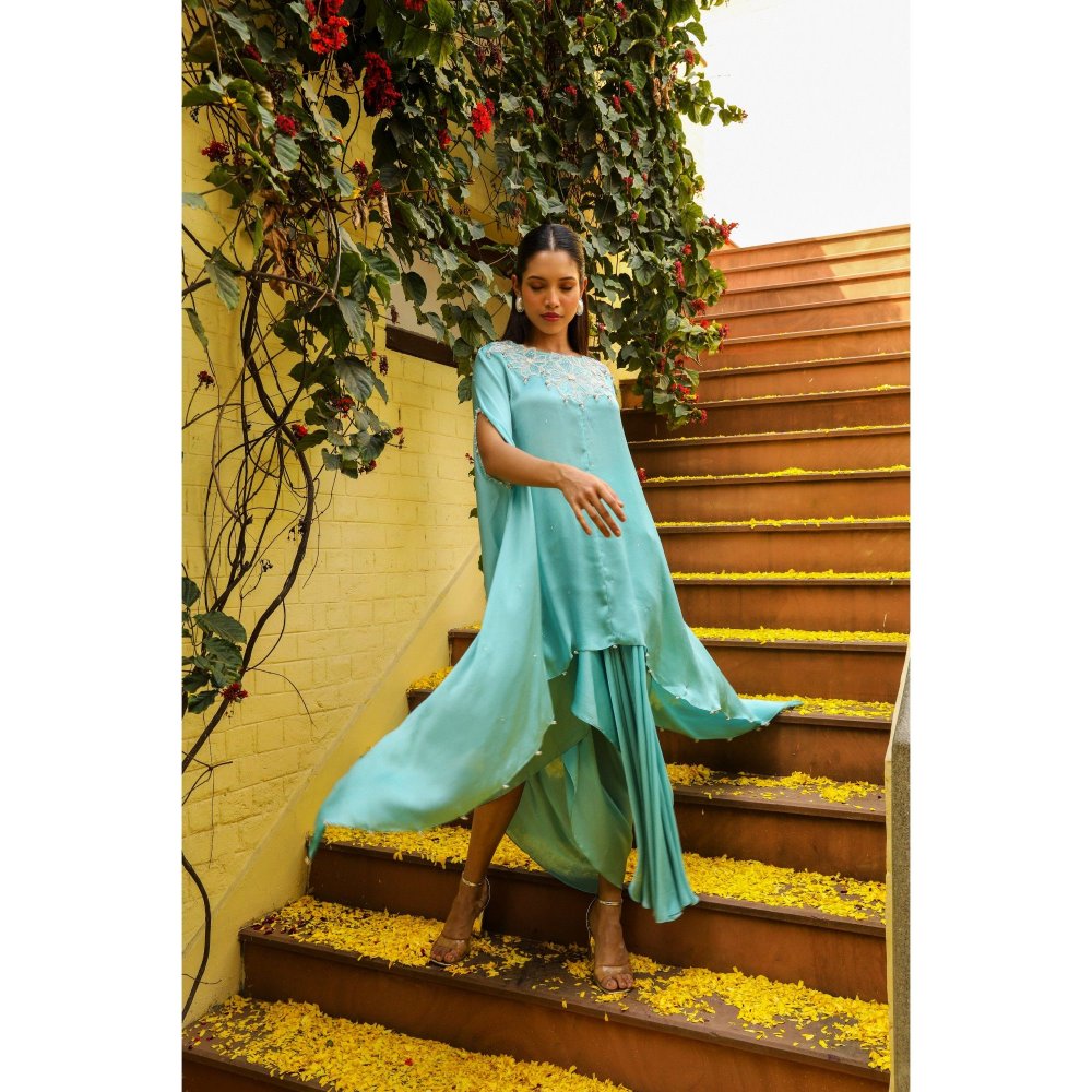 Ajiesh Oberoi Blue Rhythm Cape Sleeve Tunic with Skirt (Set of 2)