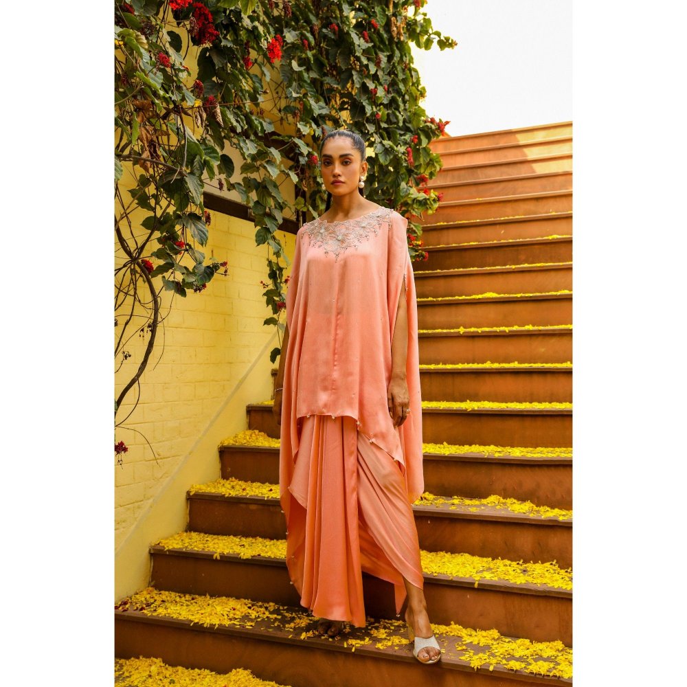 Ajiesh Oberoi Peach Rhythm Cape Sleeve Tunic with Skirt (Set of 2)