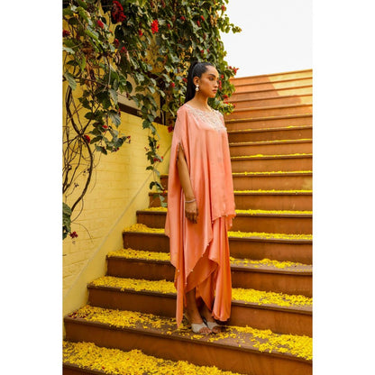 Ajiesh Oberoi Peach Rhythm Cape Sleeve Tunic with Skirt (Set of 2)