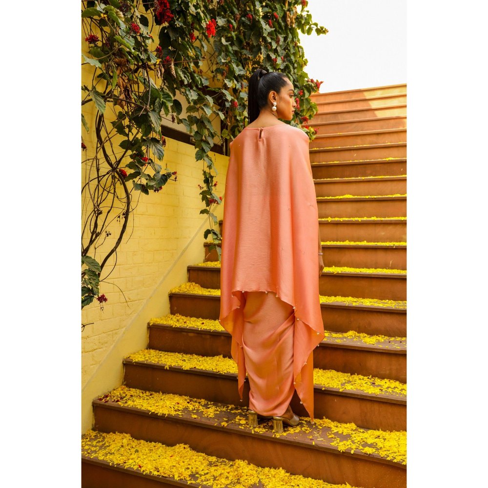 Ajiesh Oberoi Peach Rhythm Cape Sleeve Tunic with Skirt (Set of 2)