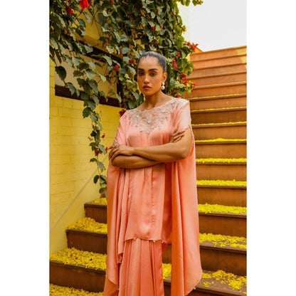 Ajiesh Oberoi Peach Rhythm Cape Sleeve Tunic with Skirt (Set of 2)