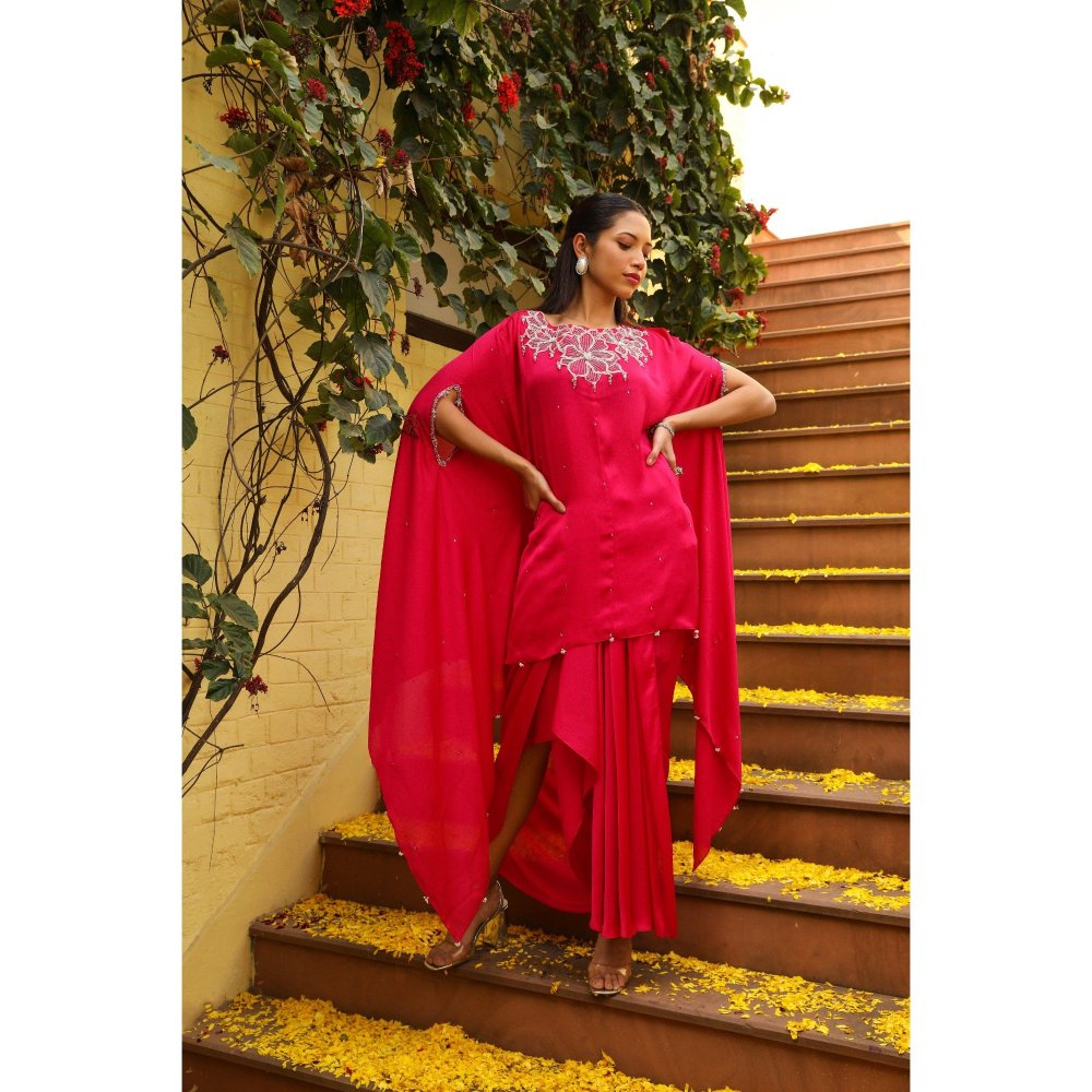 Ajiesh Oberoi Pink Rhythm Cape Sleeve Tunic with Skirt (Set of 2)
