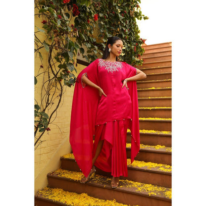 Ajiesh Oberoi Pink Rhythm Cape Sleeve Tunic with Skirt (Set of 2)