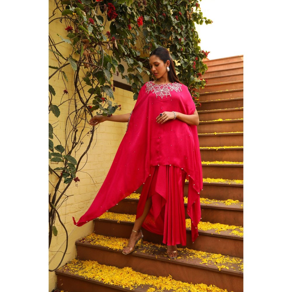 Ajiesh Oberoi Pink Rhythm Cape Sleeve Tunic with Skirt (Set of 2)