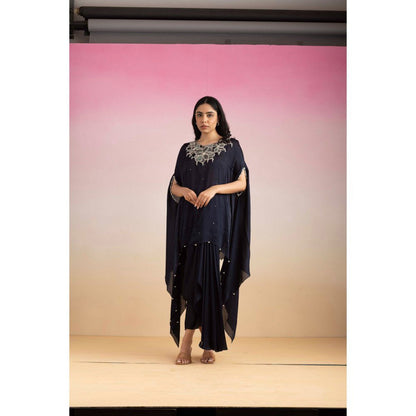 Ajiesh Oberoi Navy Blue Rhythm Cape Sleeve Tunic with Skirt (Set of 2)