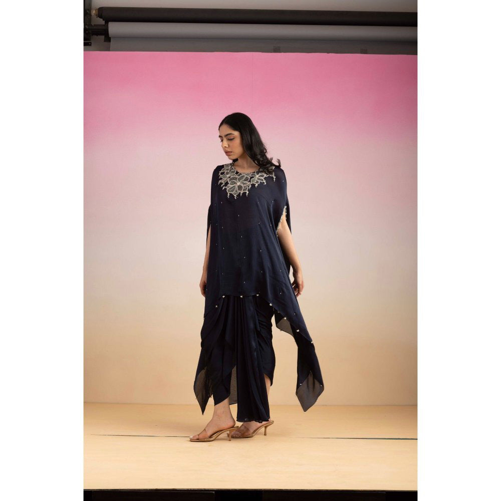 Ajiesh Oberoi Navy Blue Rhythm Cape Sleeve Tunic with Skirt (Set of 2)