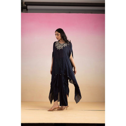 Ajiesh Oberoi Navy Blue Rhythm Cape Sleeve Tunic with Skirt (Set of 2)