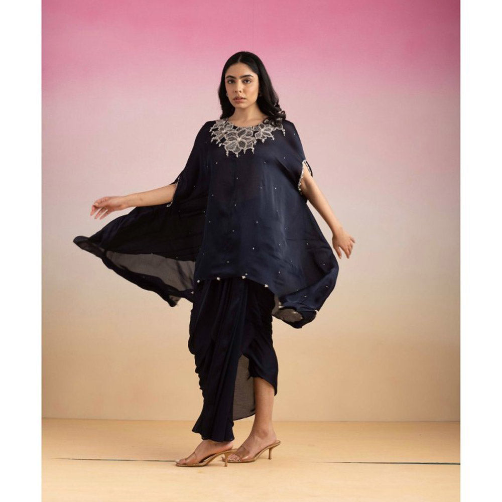 Ajiesh Oberoi Navy Blue Rhythm Cape Sleeve Tunic with Skirt (Set of 2)