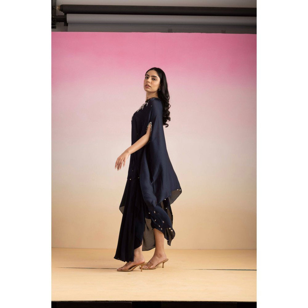 Ajiesh Oberoi Navy Blue Rhythm Cape Sleeve Tunic with Skirt (Set of 2)