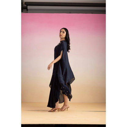 Ajiesh Oberoi Navy Blue Rhythm Cape Sleeve Tunic with Skirt (Set of 2)