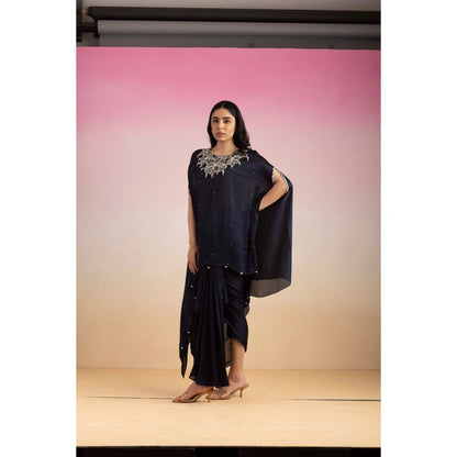 Ajiesh Oberoi Navy Blue Rhythm Cape Sleeve Tunic with Skirt (Set of 2)