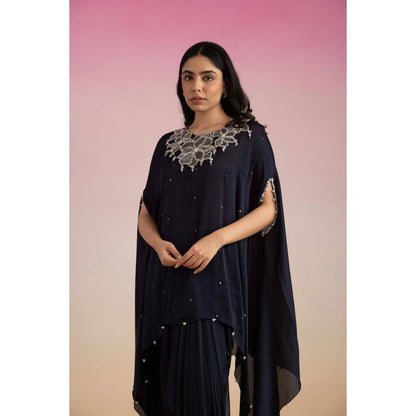 Ajiesh Oberoi Navy Blue Rhythm Cape Sleeve Tunic with Skirt (Set of 2)