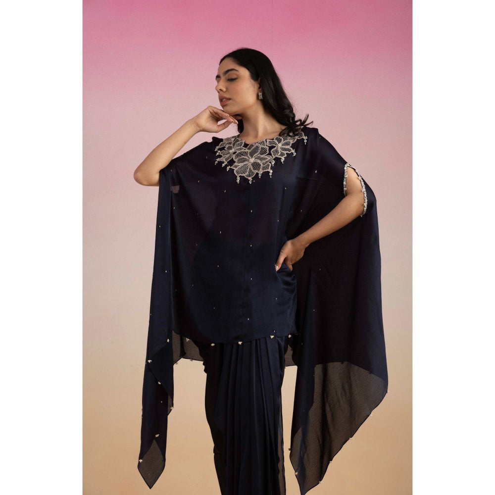 Ajiesh Oberoi Navy Blue Rhythm Cape Sleeve Tunic with Skirt (Set of 2)