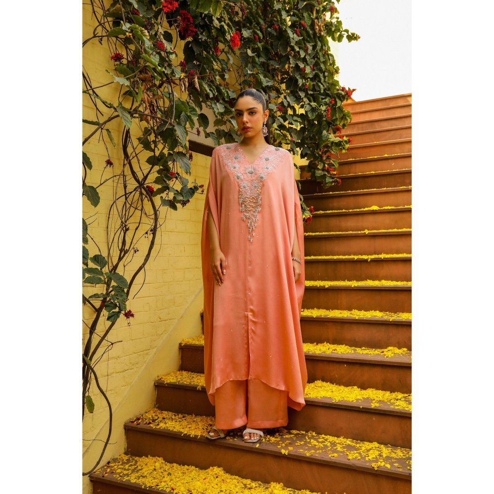 Ajiesh Oberoi Peach Bulbul Kaftan with Palazzo (Set of 2)