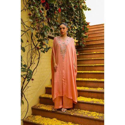 Ajiesh Oberoi Peach Bulbul Kaftan with Palazzo (Set of 2)