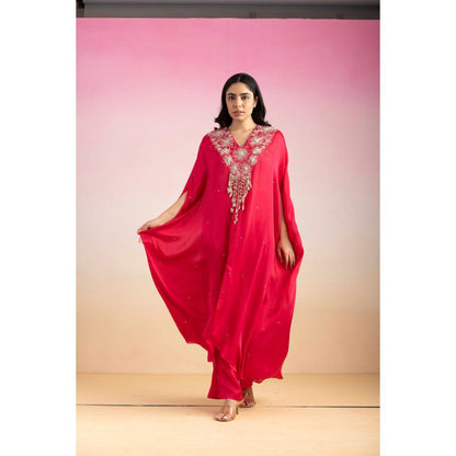 Ajiesh Oberoi Pink Bulbul Kaftan with Palazzo (Set of 2)