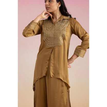 Ajiesh Oberoi Brown Chamakh Palazzo with Shirt (Set of 2)