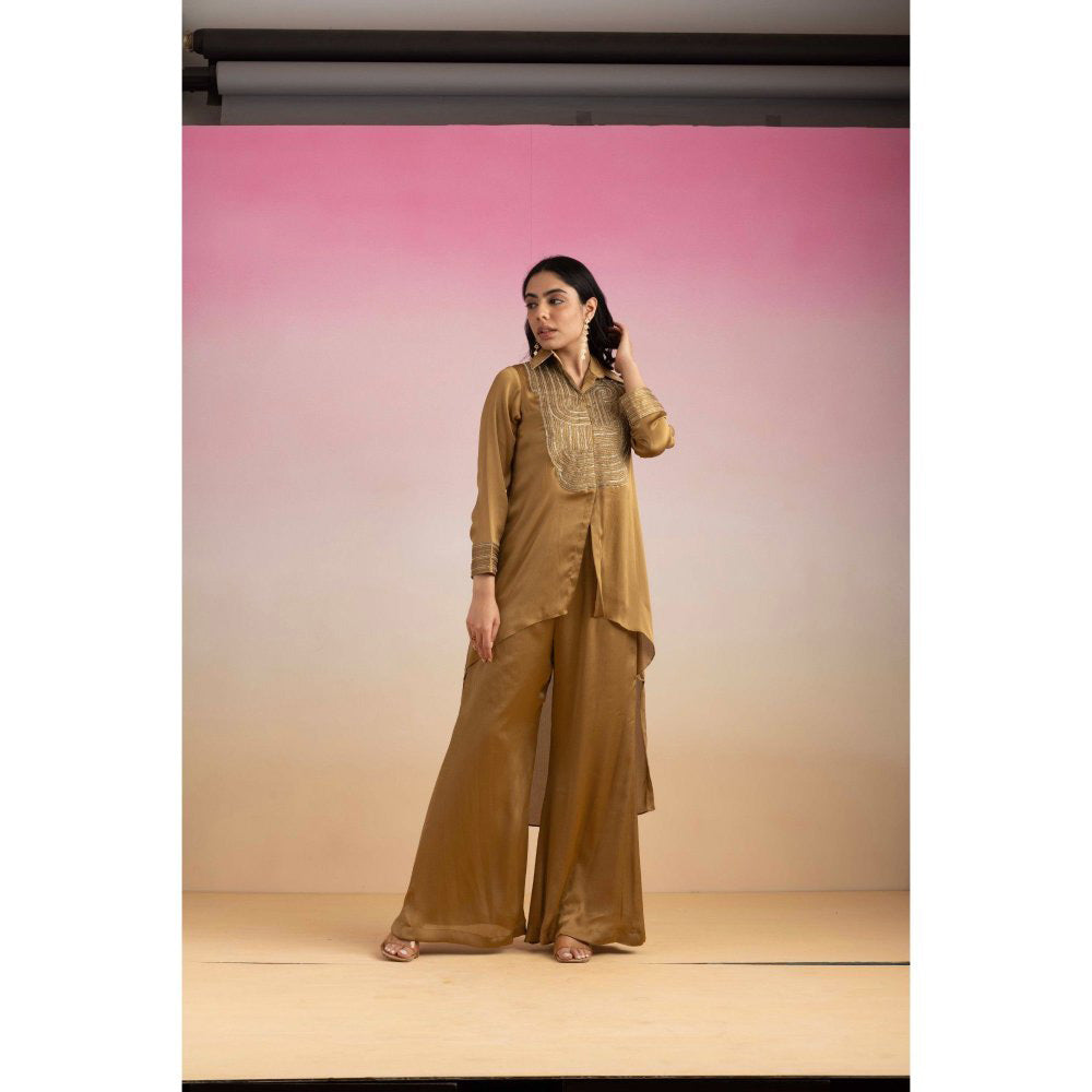 Ajiesh Oberoi Brown Chamakh Palazzo with Shirt (Set of 2)