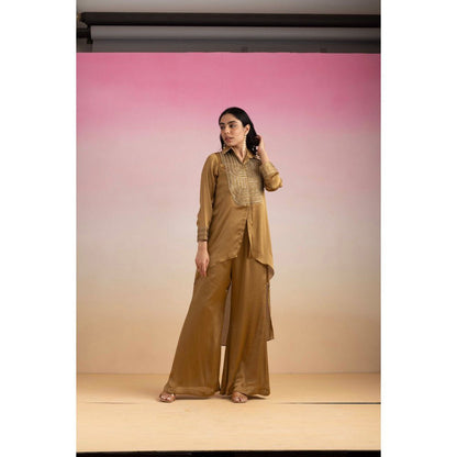 Ajiesh Oberoi Brown Chamakh Palazzo with Shirt (Set of 2)