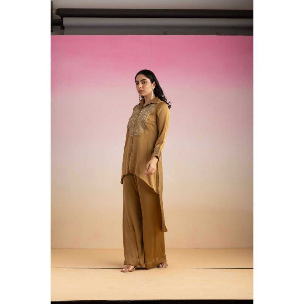 Ajiesh Oberoi Brown Chamakh Palazzo with Shirt (Set of 2)