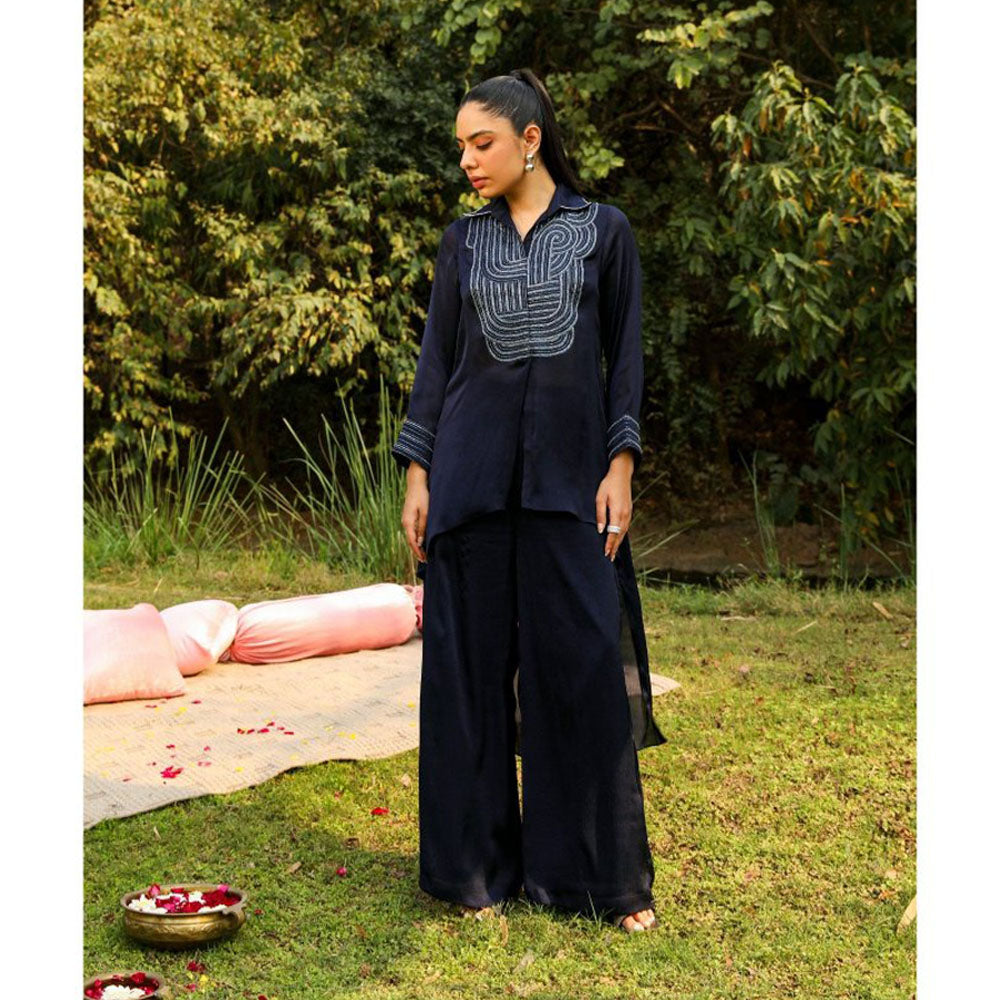 Ajiesh Oberoi Navy Blue Chamakh Palazzo with Shirt (Set of 2)