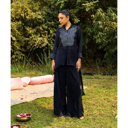 Ajiesh Oberoi Navy Blue Chamakh Palazzo with Shirt (Set of 2)