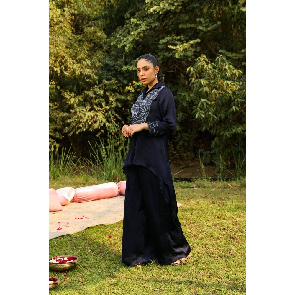 Ajiesh Oberoi Navy Blue Chamakh Palazzo with Shirt (Set of 2)