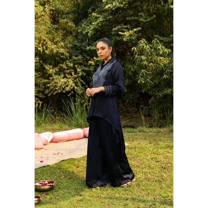 Ajiesh Oberoi Navy Blue Chamakh Palazzo with Shirt (Set of 2)