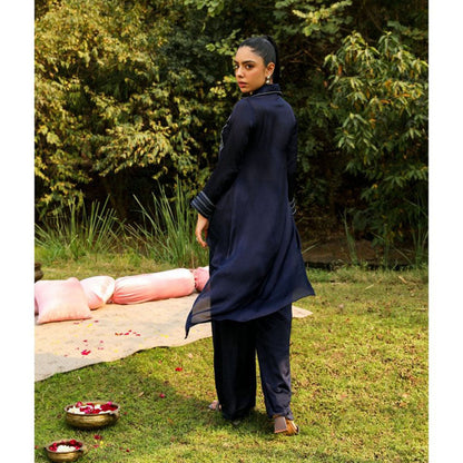 Ajiesh Oberoi Navy Blue Chamakh Palazzo with Shirt (Set of 2)