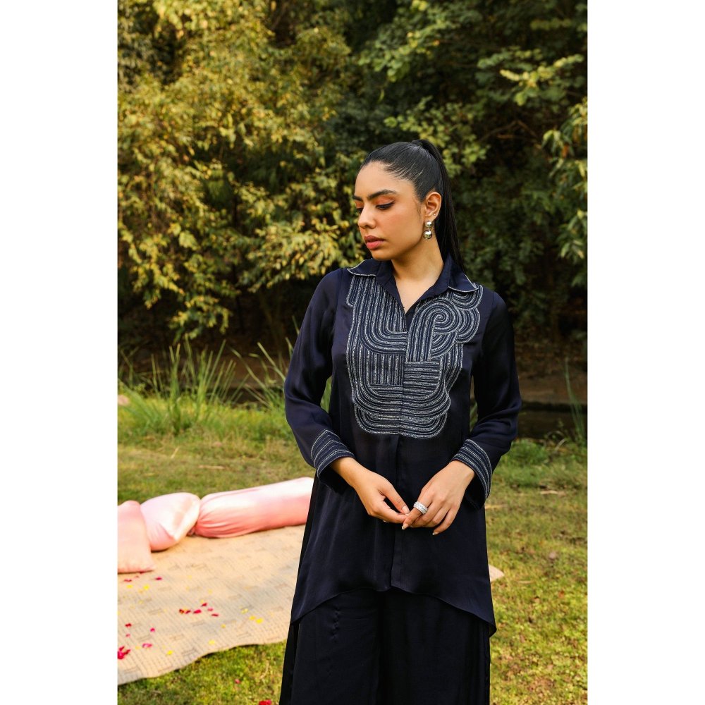 Ajiesh Oberoi Navy Blue Chamakh Palazzo with Shirt (Set of 2)