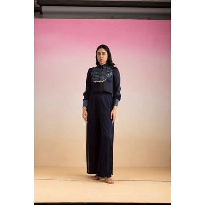 Ajiesh Oberoi Navy Blue Cham Shirt with Palazzo (Set of 2)