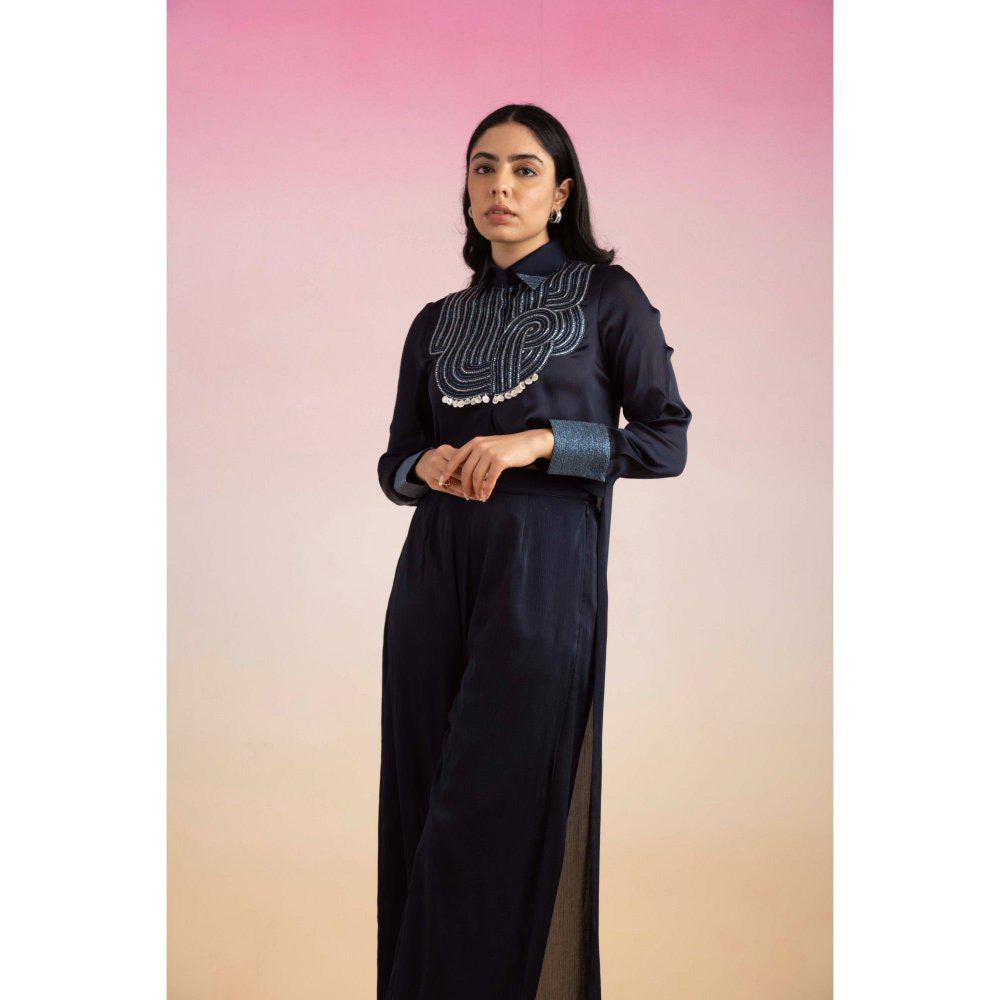 Ajiesh Oberoi Navy Blue Cham Shirt with Palazzo (Set of 2)