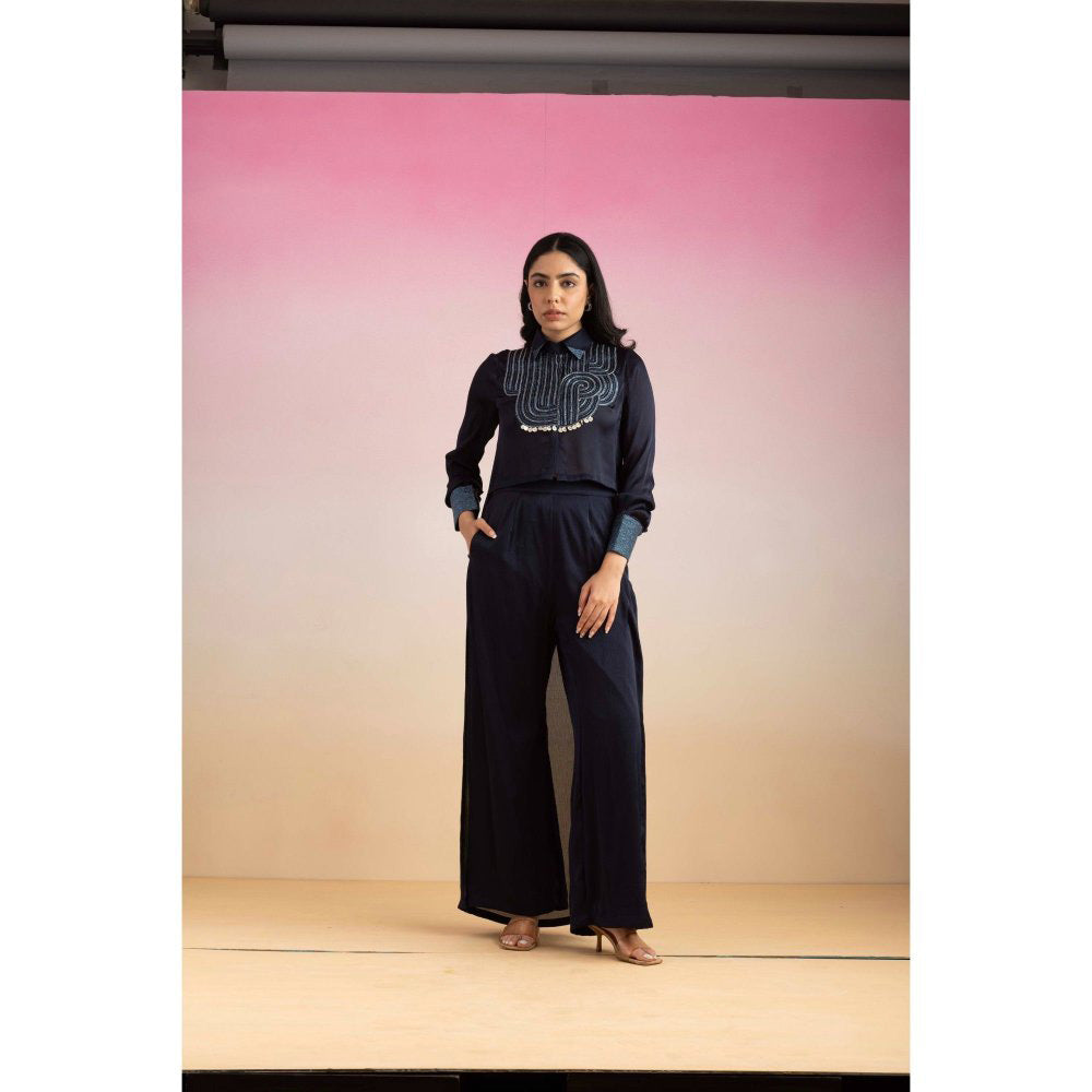 Ajiesh Oberoi Navy Blue Cham Shirt with Palazzo (Set of 2)