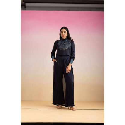 Ajiesh Oberoi Navy Blue Cham Shirt with Palazzo (Set of 2)