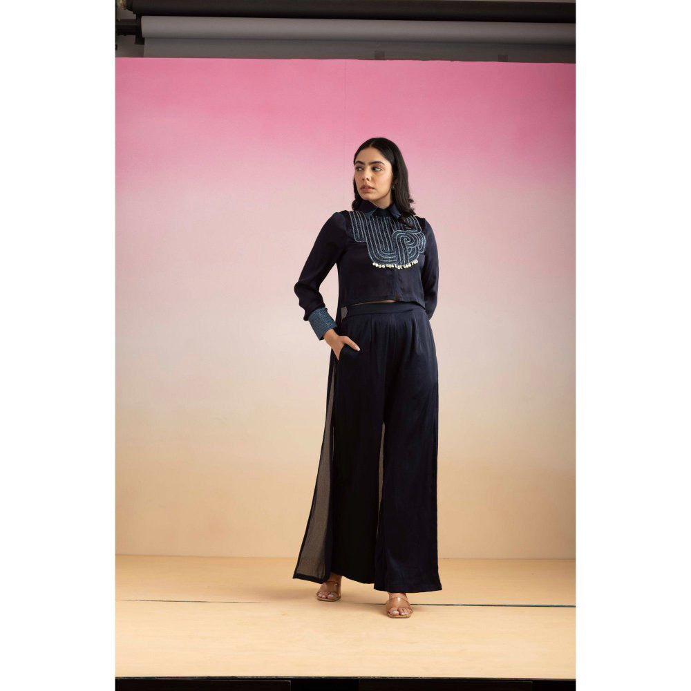 Ajiesh Oberoi Navy Blue Cham Shirt with Palazzo (Set of 2)