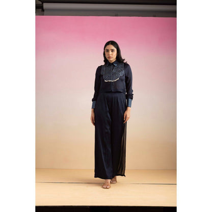 Ajiesh Oberoi Navy Blue Cham Shirt with Palazzo (Set of 2)