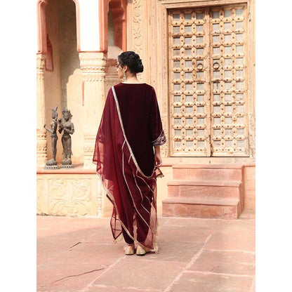 Ajiesh Oberoi Wine Dhoti with Short Kurta and Dupatta (Set of 3)
