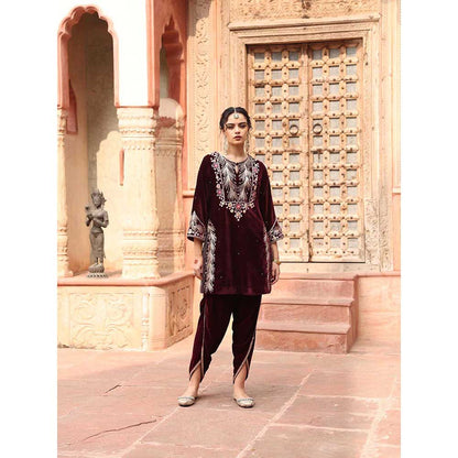 Ajiesh Oberoi Wine Dhoti with Short Kurta and Dupatta (Set of 3)