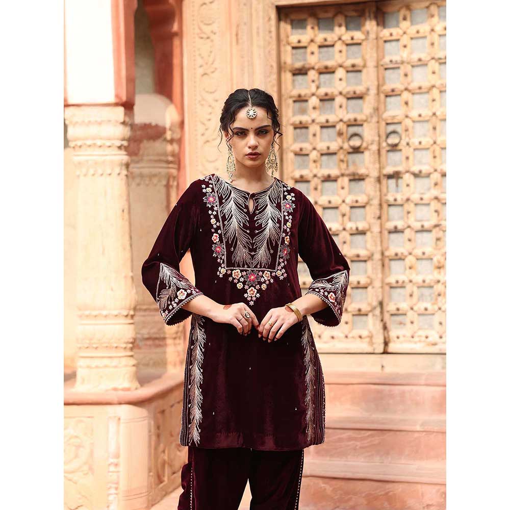 Ajiesh Oberoi Wine Dhoti with Short Kurta and Dupatta (Set of 3)