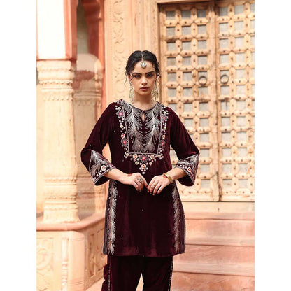 Ajiesh Oberoi Wine Dhoti with Short Kurta and Dupatta (Set of 3)