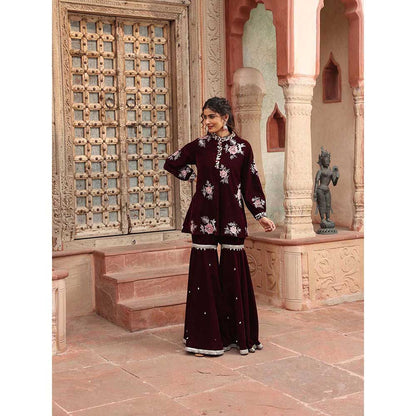 Ajiesh Oberoi Wine Peplum Top with Sharara (Set of 2)