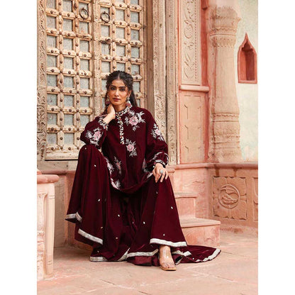 Ajiesh Oberoi Wine Peplum Top with Sharara (Set of 2)