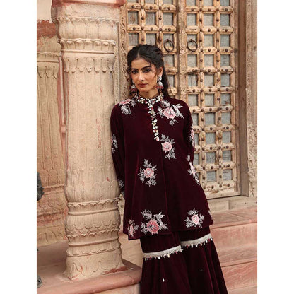 Ajiesh Oberoi Wine Peplum Top with Sharara (Set of 2)