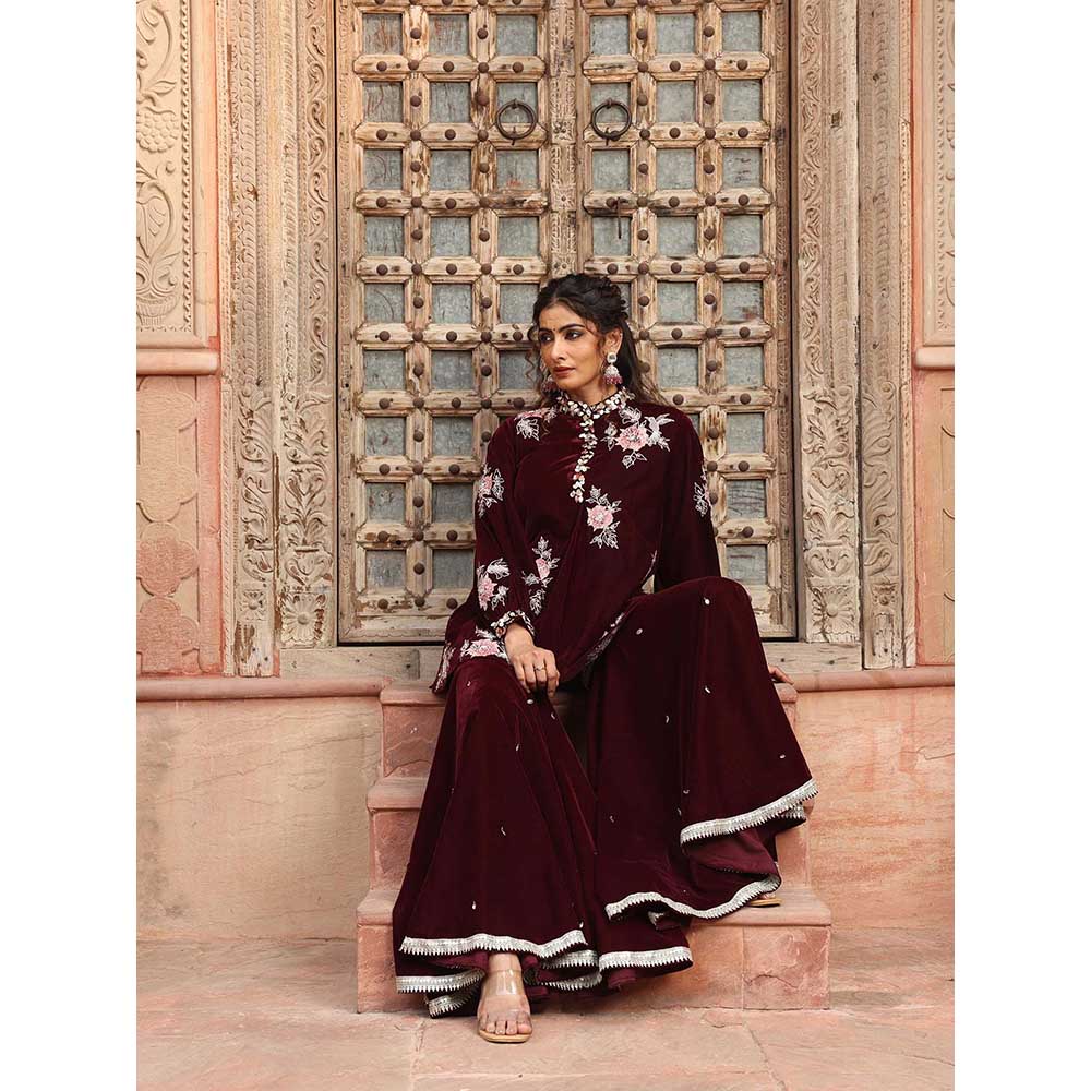 Ajiesh Oberoi Wine Peplum Top with Sharara (Set of 2)