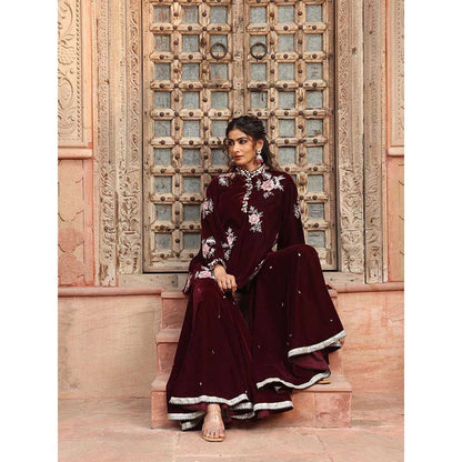 Ajiesh Oberoi Wine Peplum Top with Sharara (Set of 2)