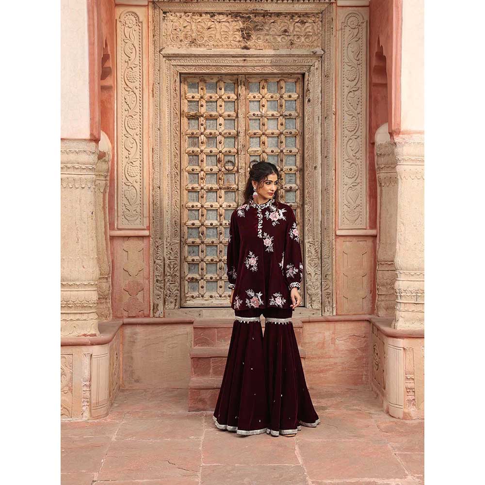 Ajiesh Oberoi Wine Peplum Top with Sharara (Set of 2)